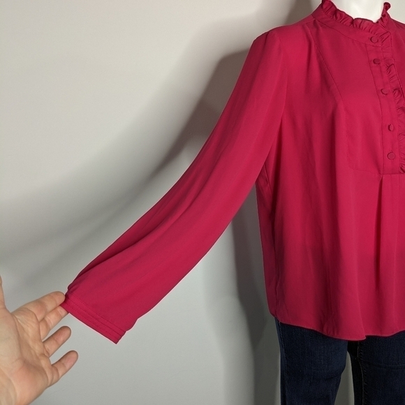 J Crew Factory pink 1/2 button ruffle neck long sleeve blouse 12 - Picture 5 of 9